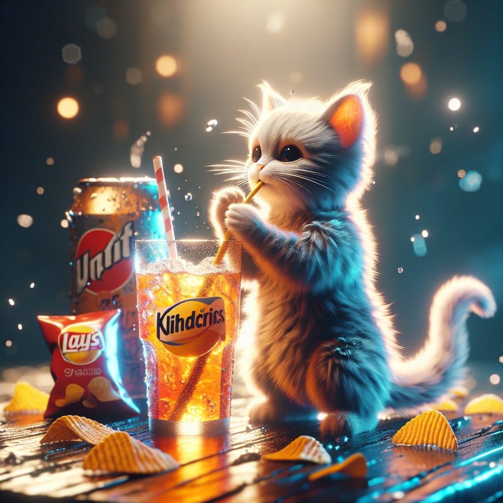 little cat standing on table drinking coke cola from straw and eating chips 24K,3D realistic