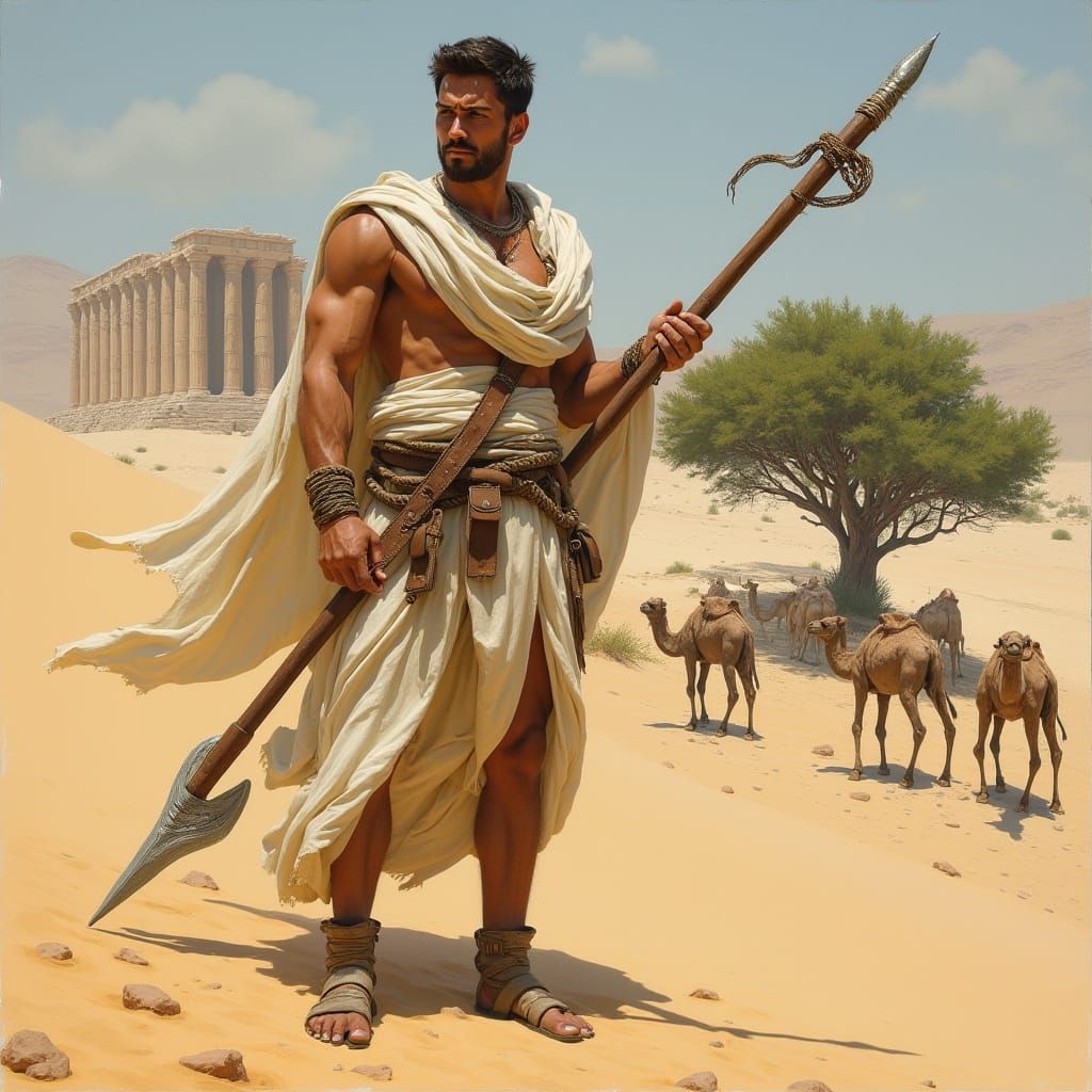 Chiseled Desert Nomad Standing Proud Amidst Vast Sand Dunes ...