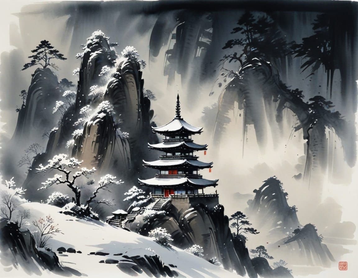 Pagoda on Cliff in Sumi-e Ink Style