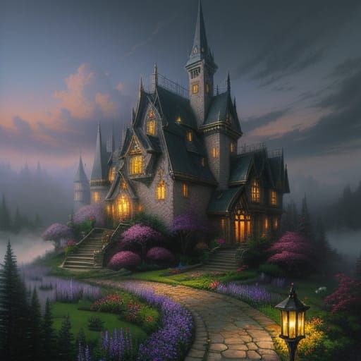 Ethereal Fantasy Mist Landscape in Thomas Kinkade Style