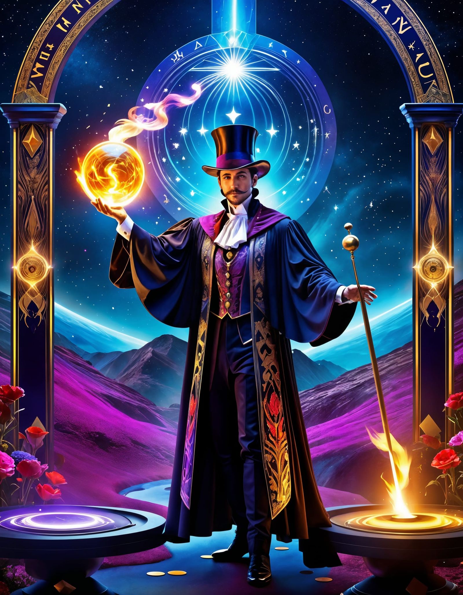 The Magician Tarot Card in Cosmic Fantasy Style