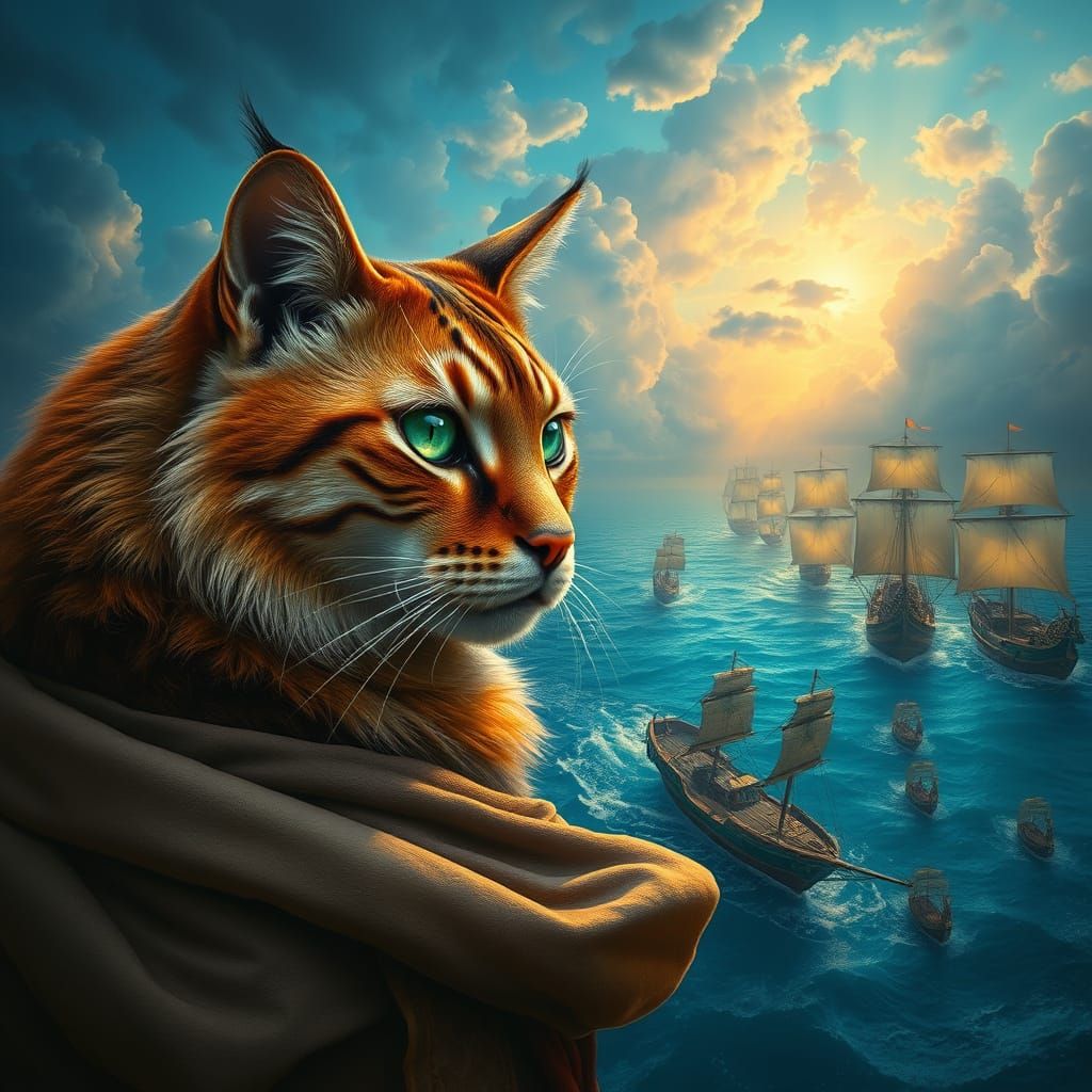 Regal Feline Gaze on a Mystical Fleet