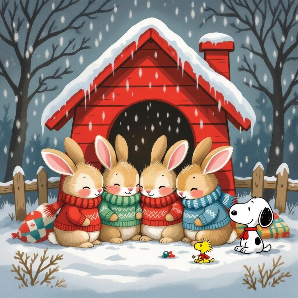 Adorable Bunnies Seek Comfort in Snoopy's Doghouse