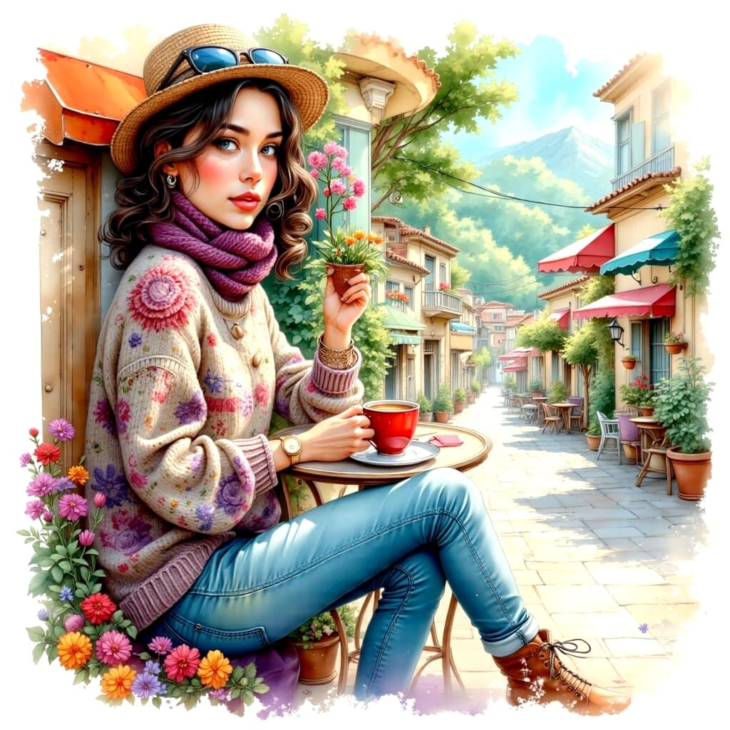 Woman Enjoying Coffee in Watercolor Cafe Scene