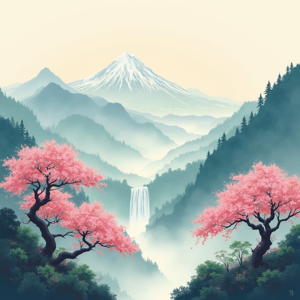 Delicate Pink Sakura Blooms in Serene Mountain Valley