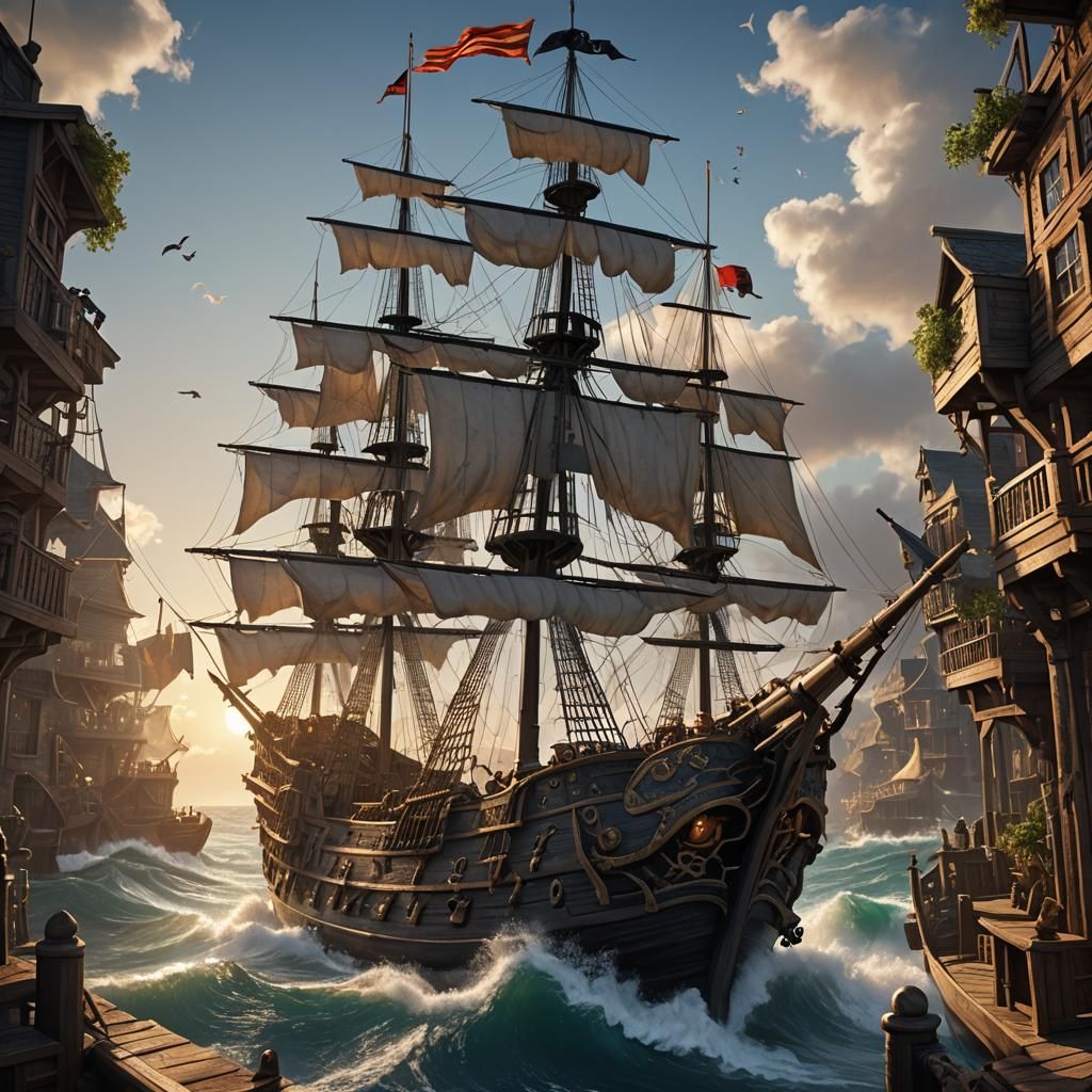 Pirate Ship Docks at Sunset: Fantasy Concept Art