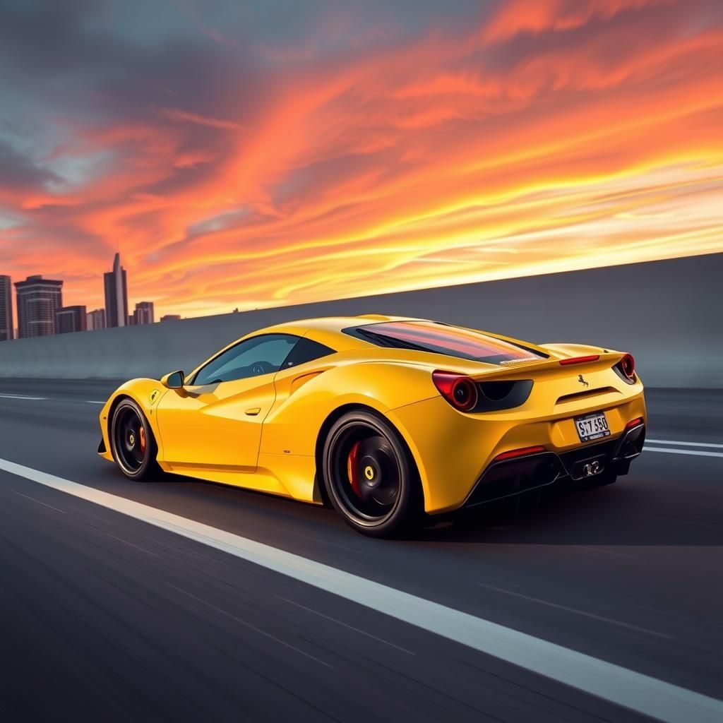 Yellow Ferrari 488 Pista Speeding at Sunset