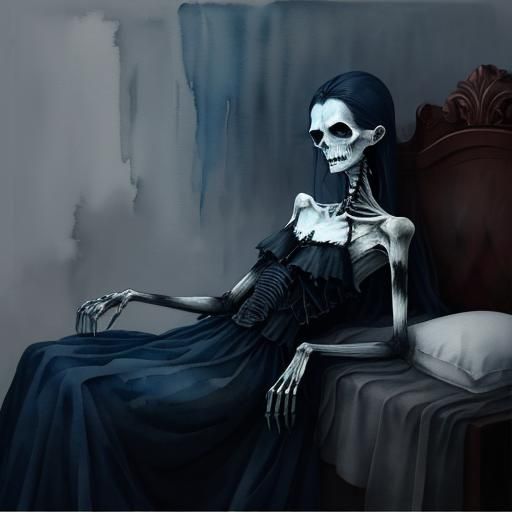 Dark Watercolor of Woman Attended by Skeletal Figure