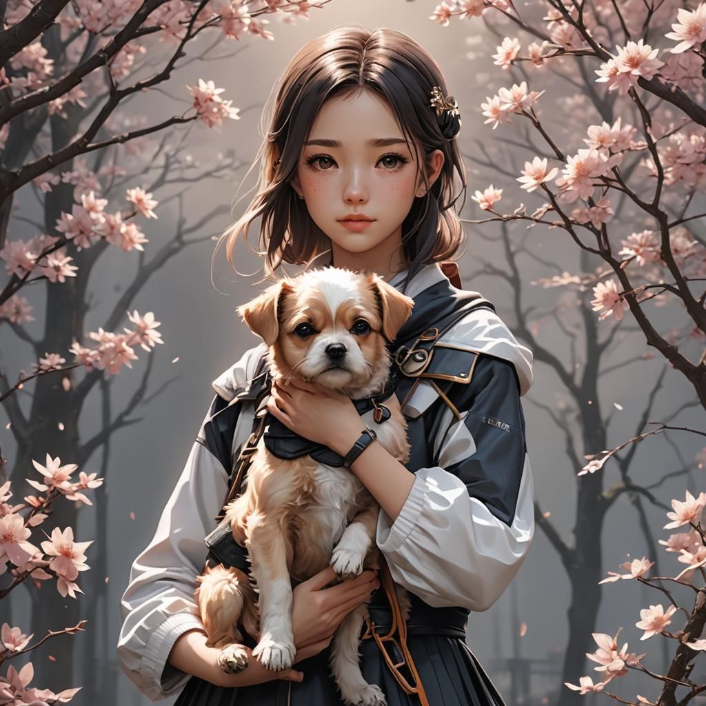 Anime Girl with Dog in Detailed 3D Art