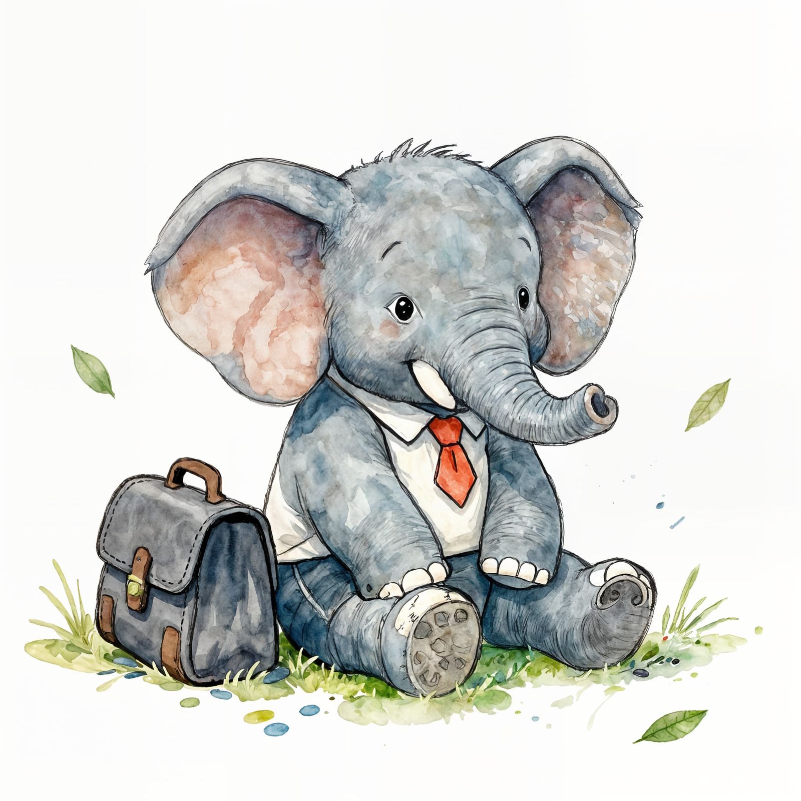 Childlike Elephant in School Uniform with Watercolor Leaves