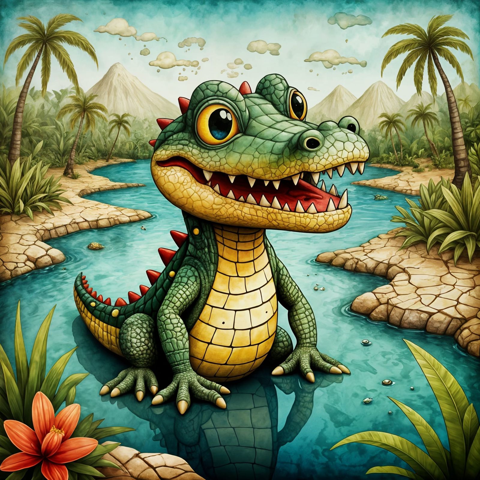 Surrealist Whimsical Chibi Crocodile Portrait in Tropical Pa...