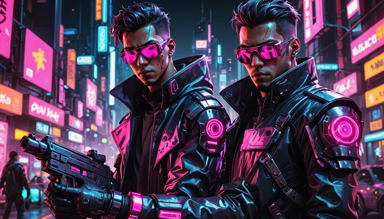 Cyberpunk Anime Man Points Gun in Neon Cityscape