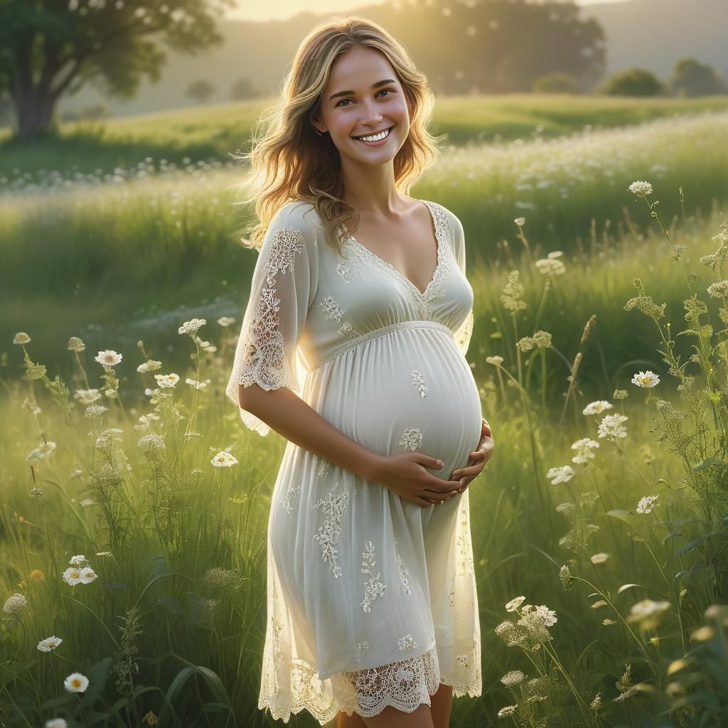 Radiant Pregnant Woman in Meadow, Photorealistic Image