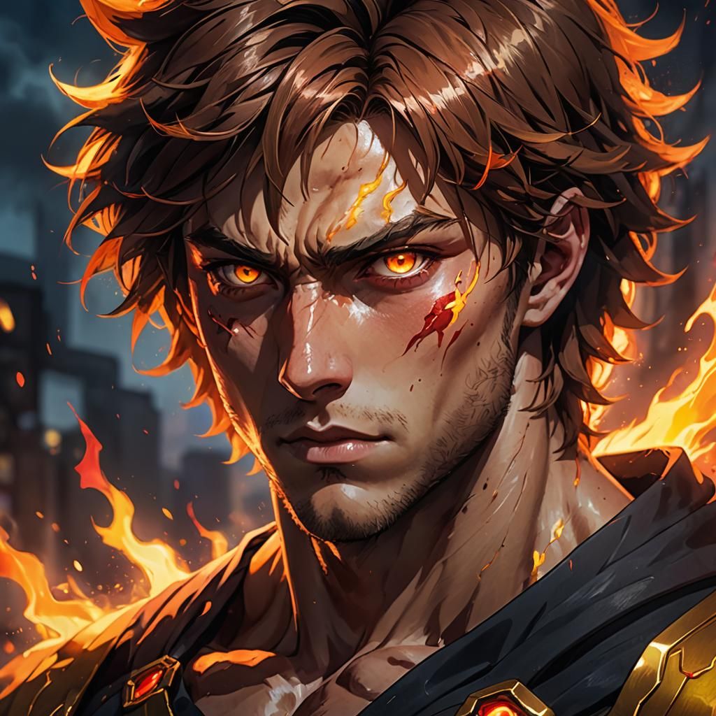 Anime Portrait: Man with Red Eyes in Dramatic Spotlight