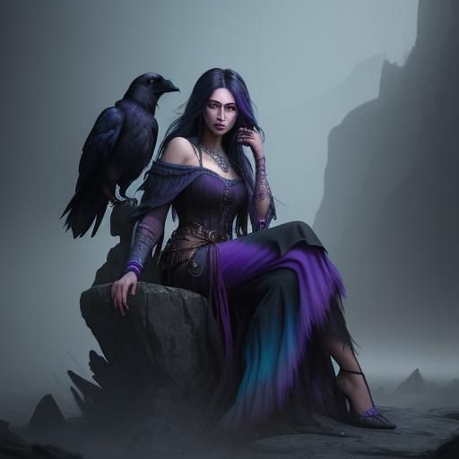 beautiful bright colorful boho dressed and styled female woman sitting, posing, with a raven on her hand, long black hai...