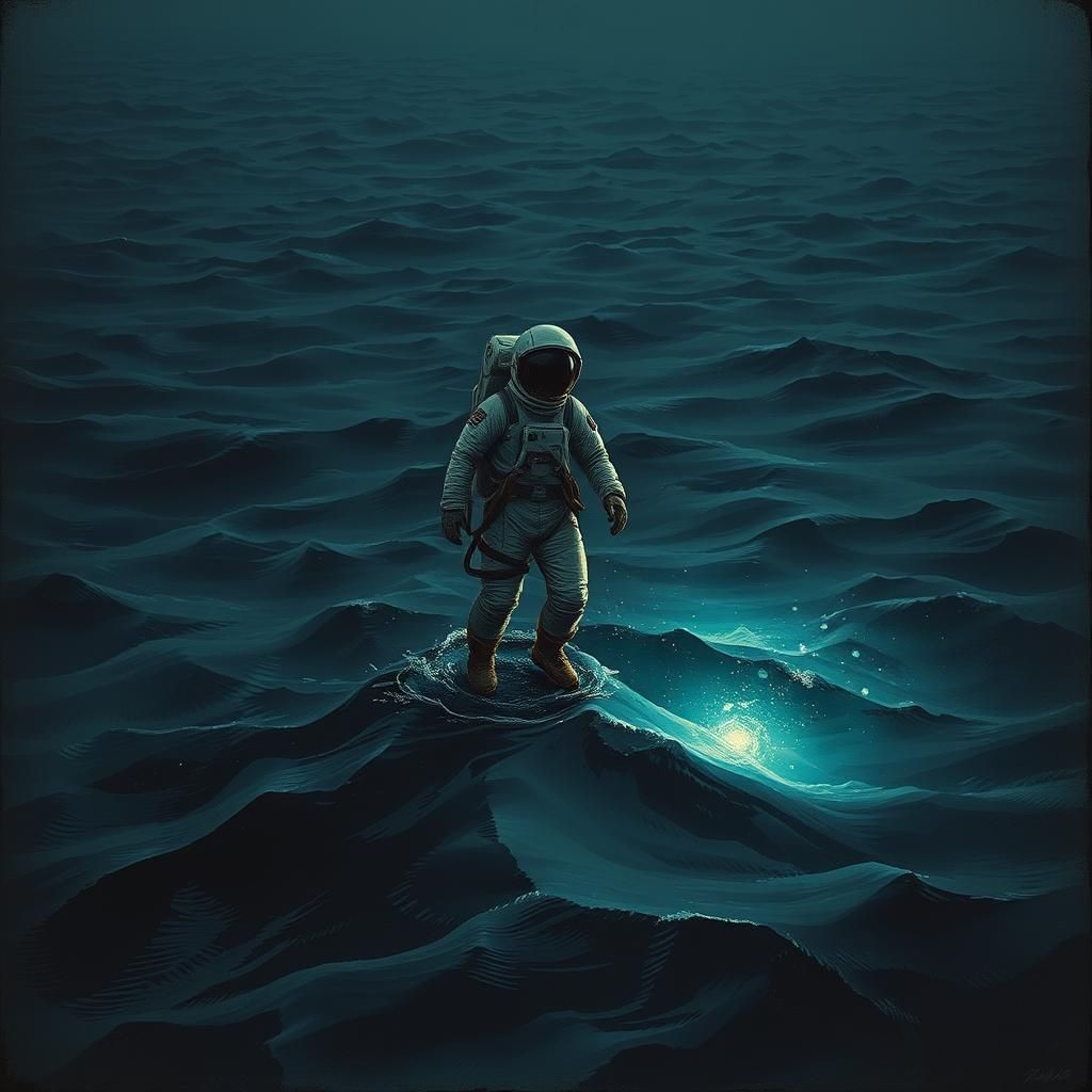 Astronaut's Oceanic Walk: A Haunting Bioluminescent Scene