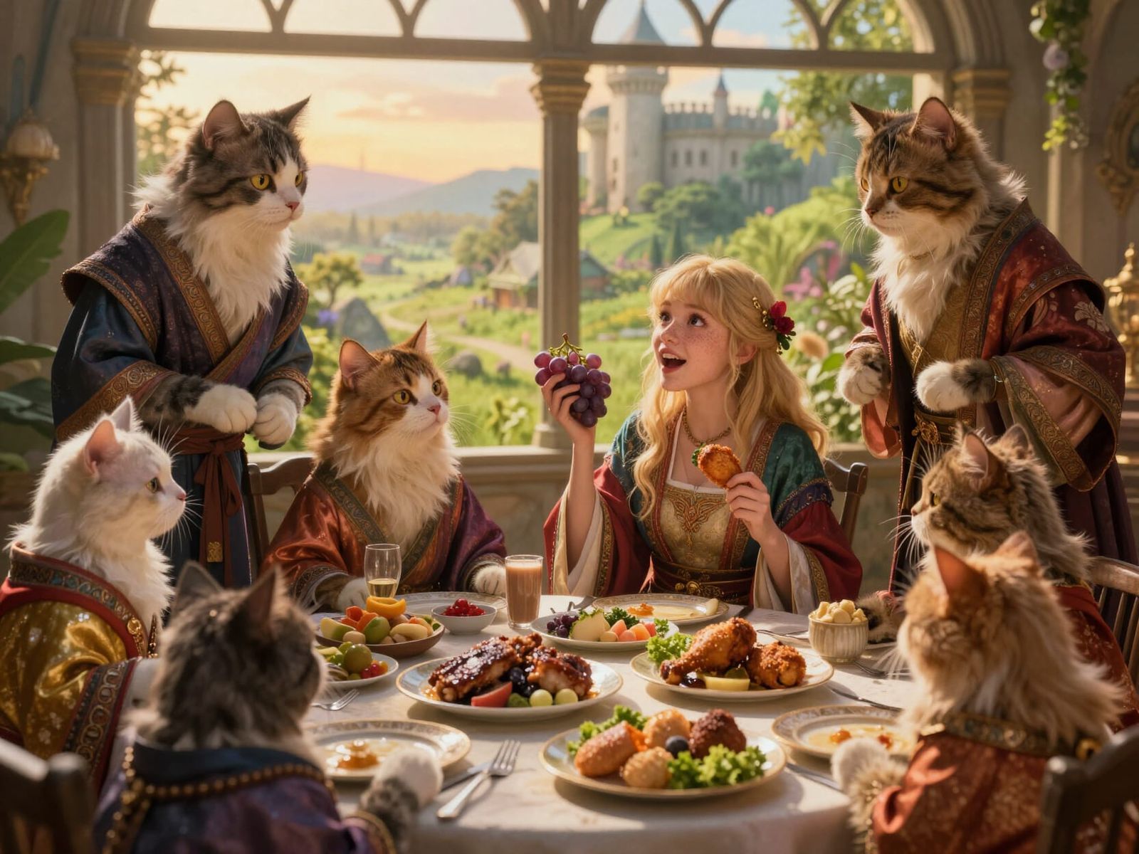 Fantasy Anime Scene: Girl Entertains Adoring Anthropomorphic...