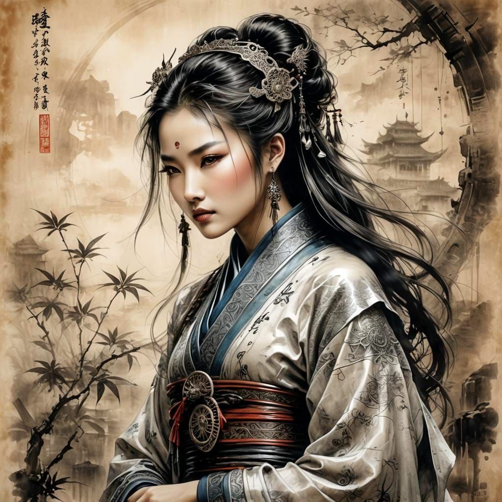 Ethereal Chinese Beauty in Traditional Ink Art