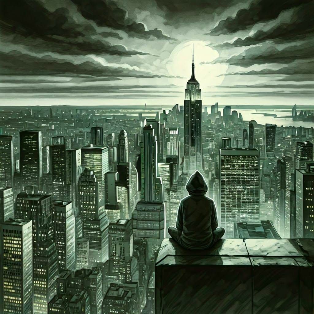 Teenager Watches City Skyline in Watercolor Painting