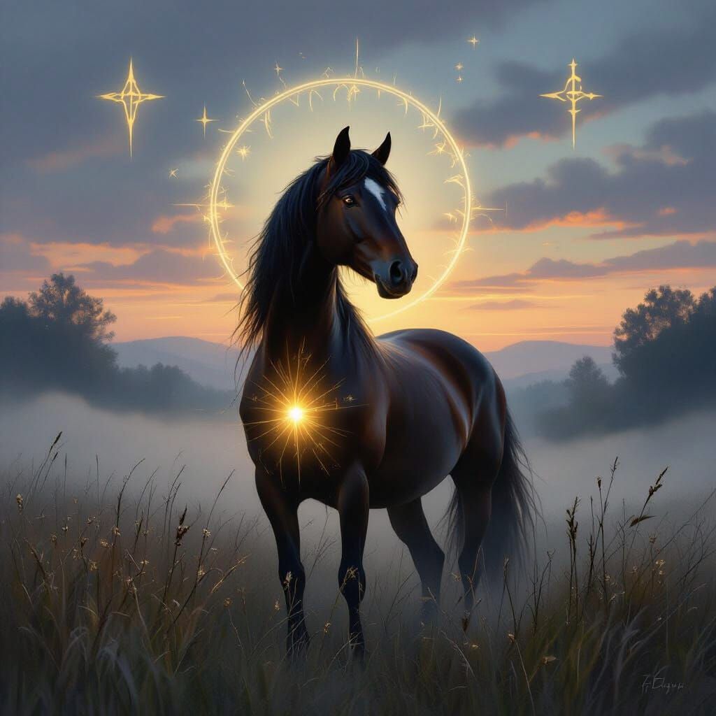 Ethereal Horse in Misty Meadow, Romantic Oil Painting