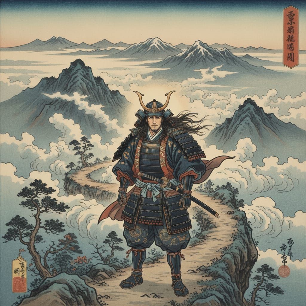 Stoic Samurai on Cloudy Mountaintop in Traditional Armor