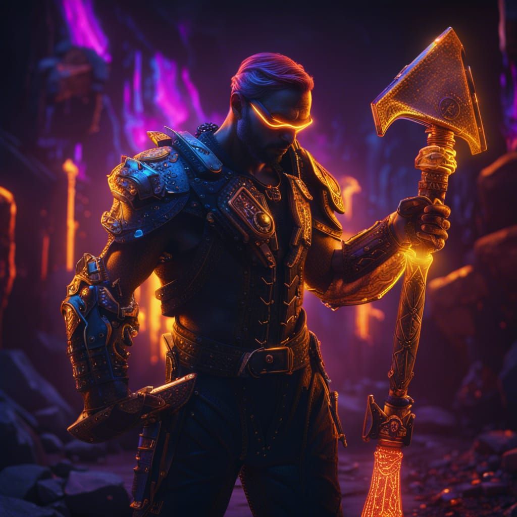 Neon Figure with Pickaxe in Gold Glow