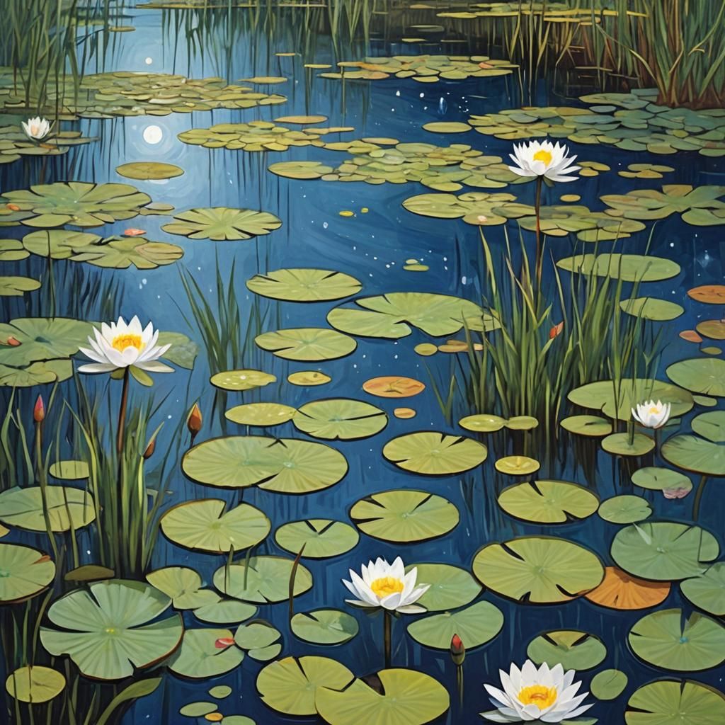 Abstract Riverbank with Water Lilies in Moonlight