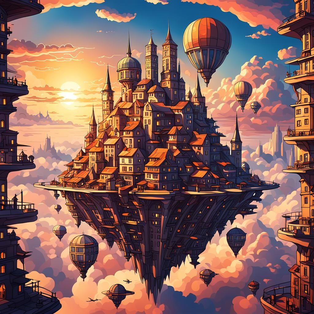 A flying city in the style of Klaus burgle, background of a beautiful sky at sunset