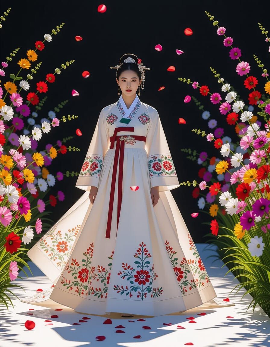 Woman in Hanbok in Heavenly Garden