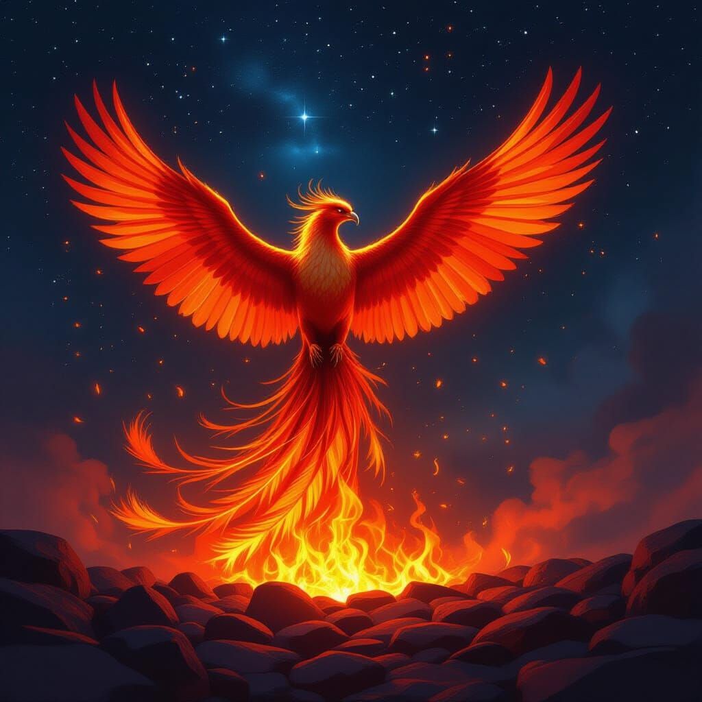 Majestic Phoenix Rises From Embers in Cosmic Night