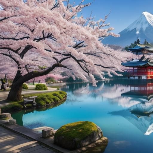 Sakura Tree by Lake with Japanese Temples