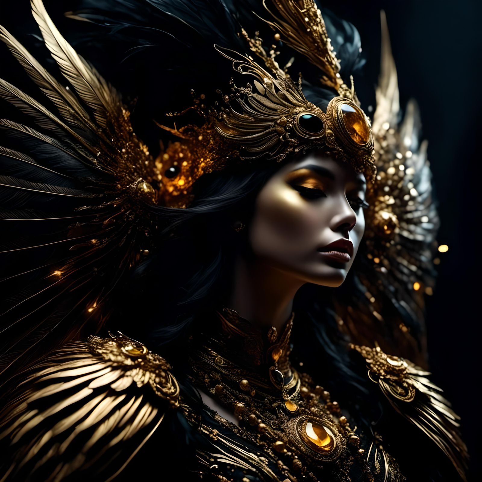 Mythical Golden Crow with Flaming Wings