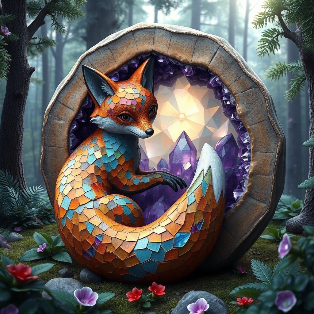 Mosaic Fox with Amethyst Geode in Lush Forest
