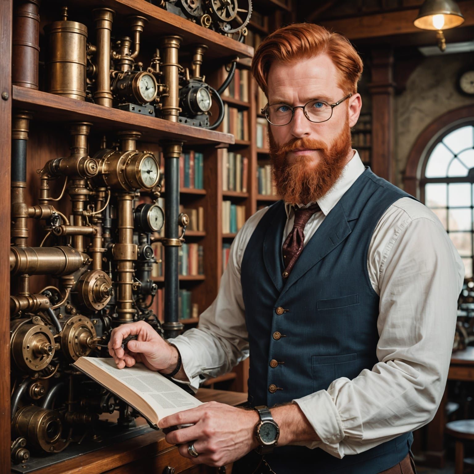 Steampunk Gentleman Librarian Reaches for Rare Volumes