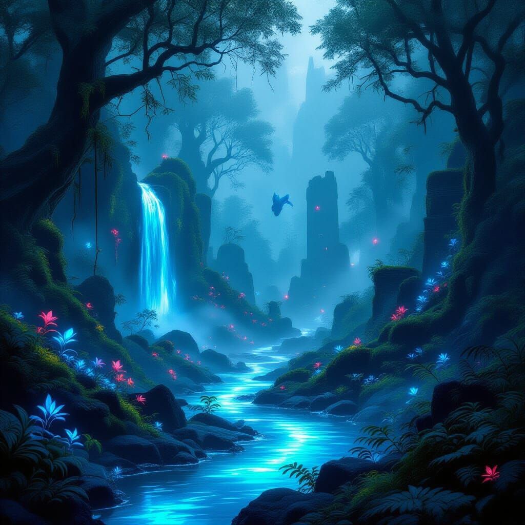 Mystical Forest with Bioluminescent Flora and Ruins