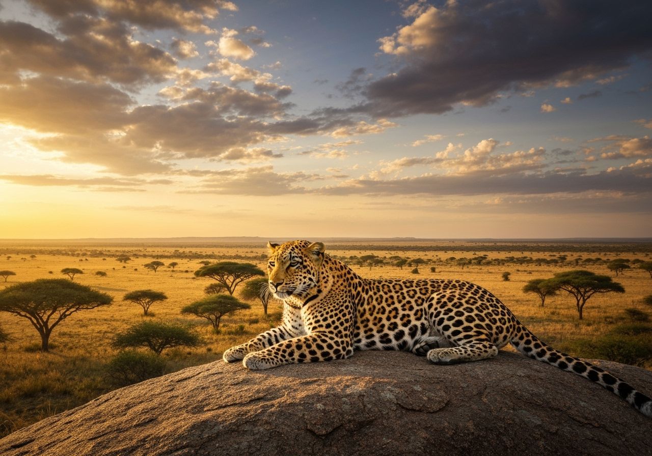 Leopard Overlooking Sunset Savannah, Photorealistic Style