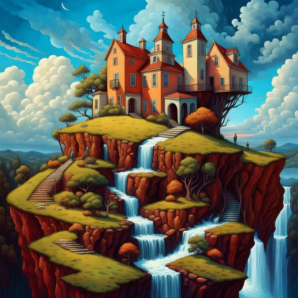 Surreal Village Landscape with Waterfall and Spires