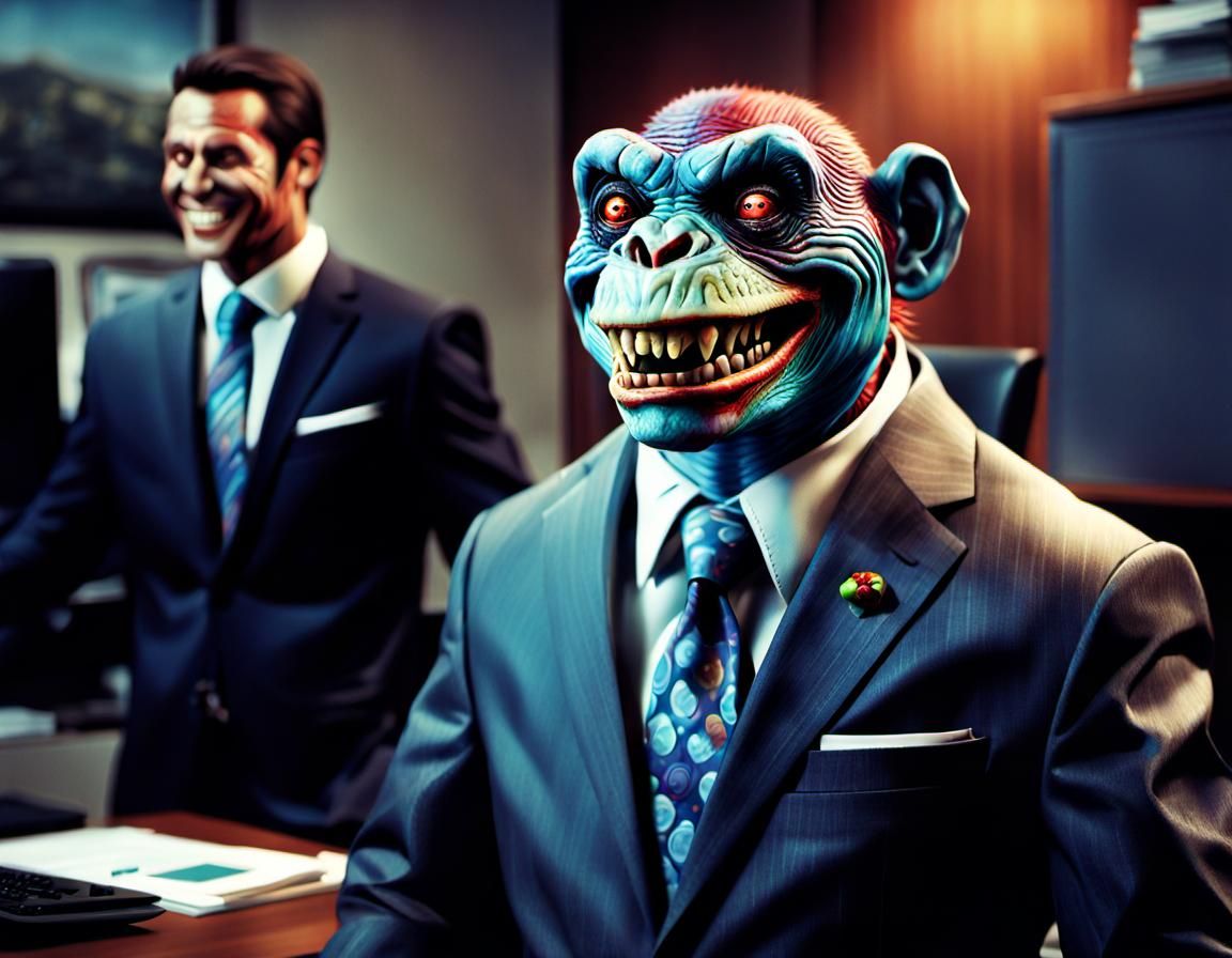 Hyperrealistic Zombie Monkey Clown Hybrid in Office