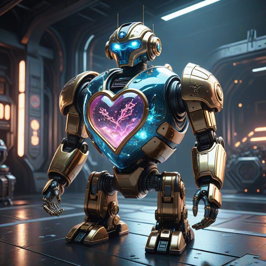 Retrofuturistic Japanese Robot with Iridescent Crystal Heart