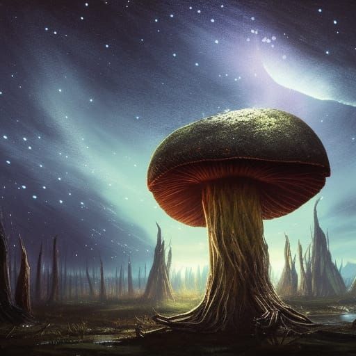 Gothic Mushroom in Glowing Swamp Under Starry Night