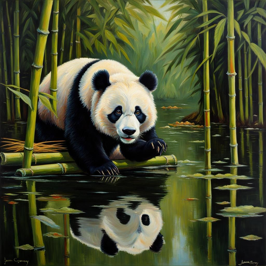 Panda's Reflection: Oil Painting of Panda Eating Bamboo