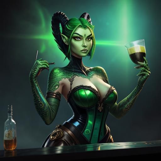 Voluptuous Alien Robot Bartender in Hyperrealistic Style