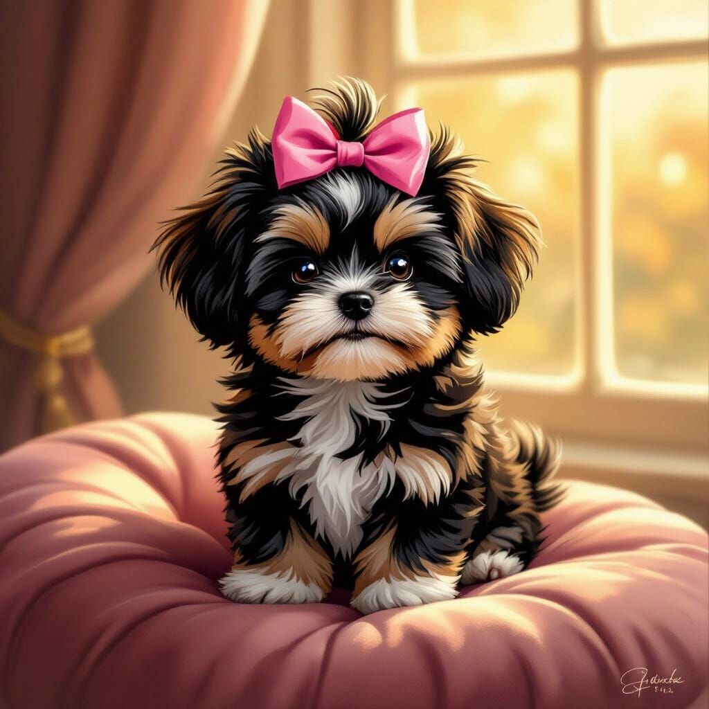 Fluffy Teacup Dog in Golden Light Digital Painting