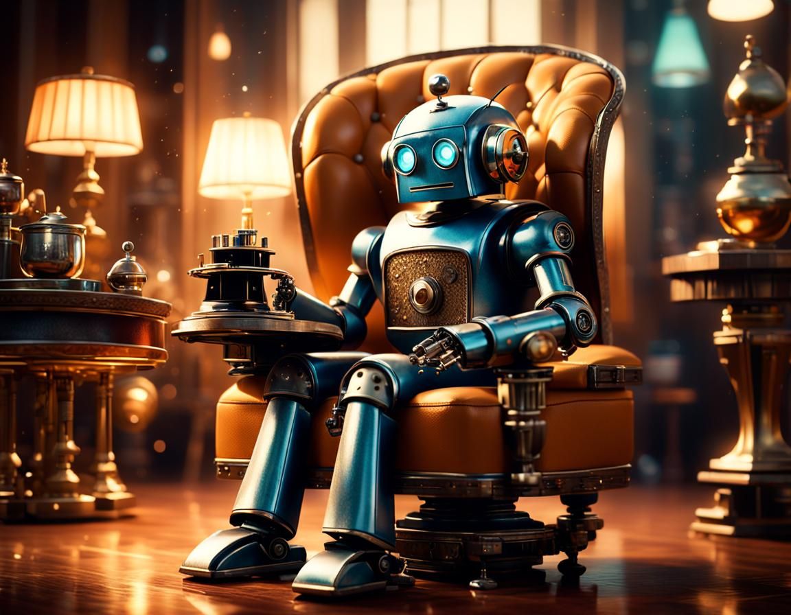 Vintage Robot Listens to Gramophone, Hyperrealistic Image