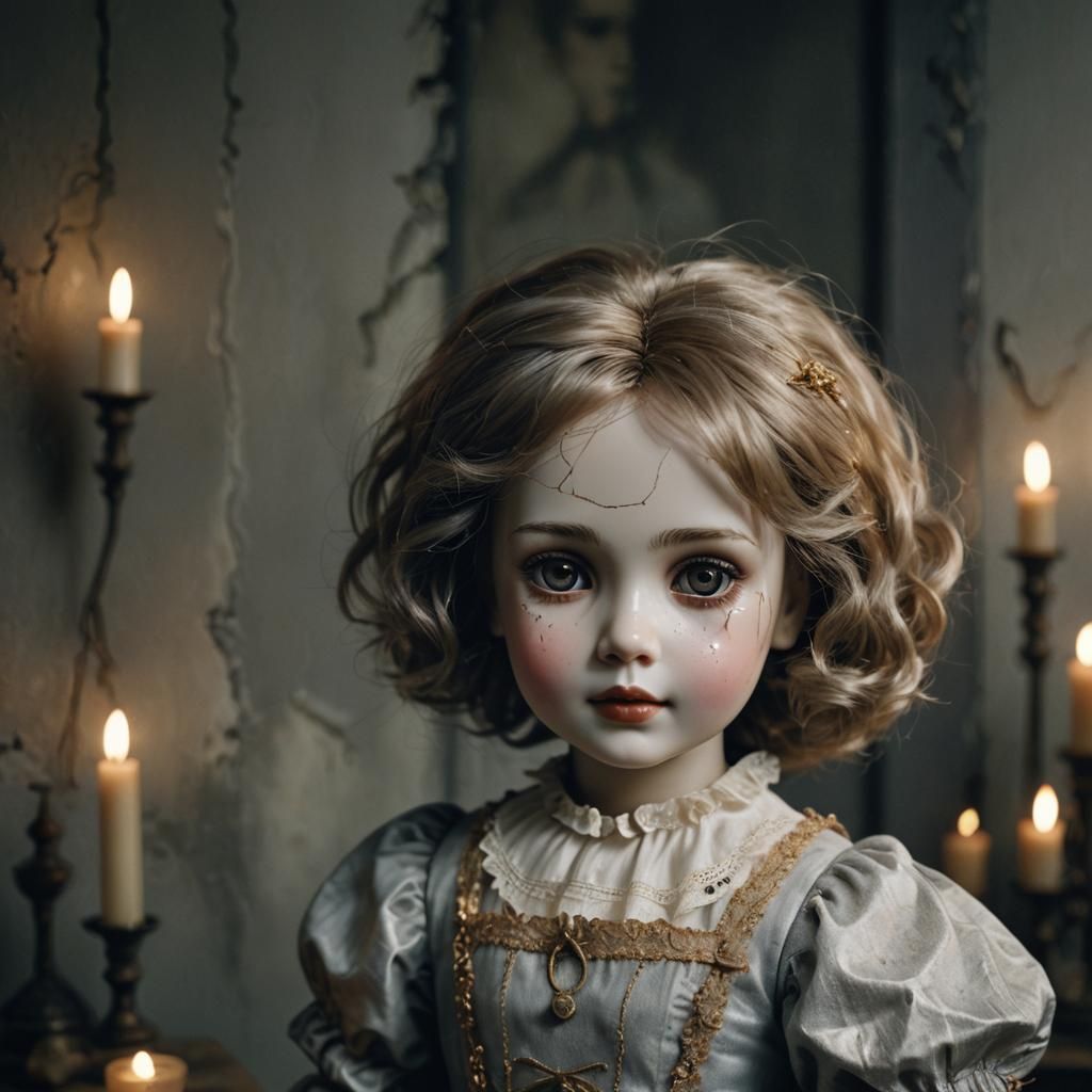 Eerie Porcelain Doll in Dimly Lit Room