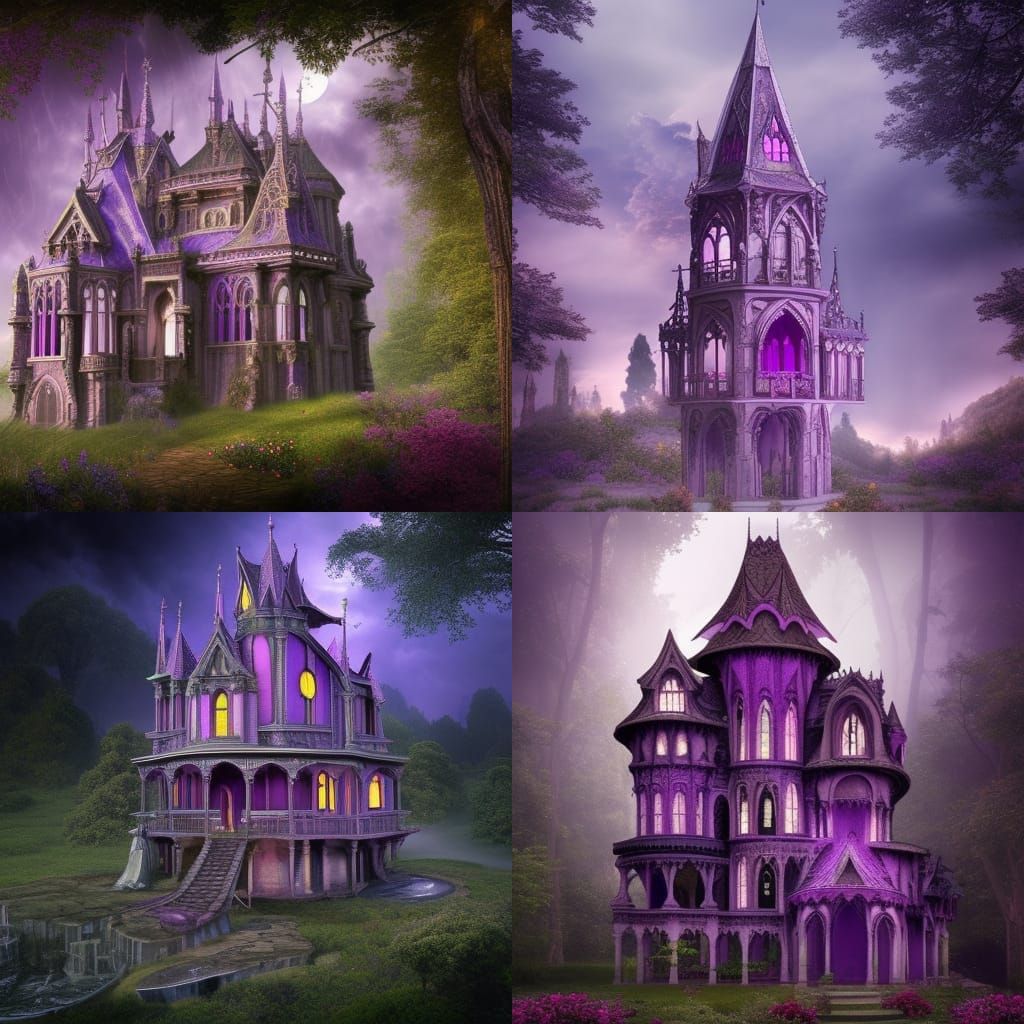 Purple gothic treehouse with Gothic windows