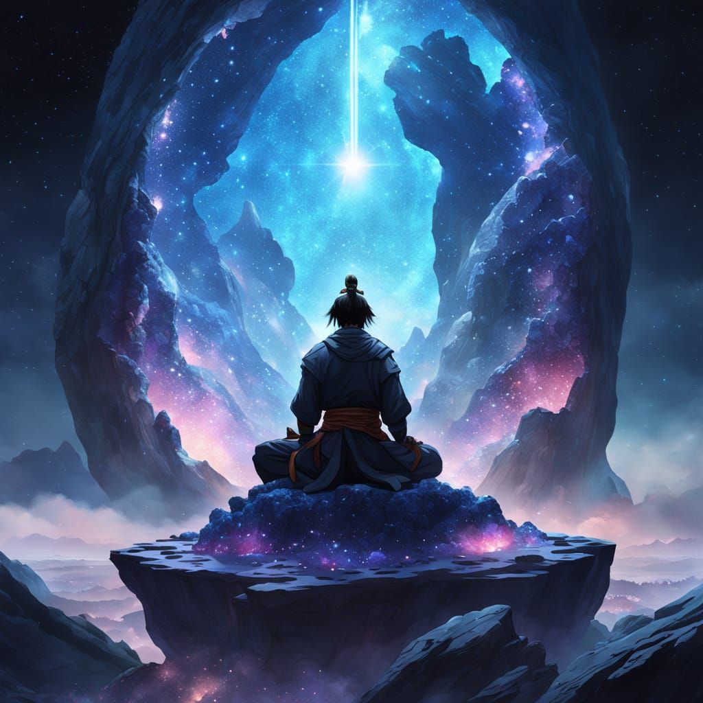 Samurai Meditating on Geode with Nebulae, Hyperrealistic Art