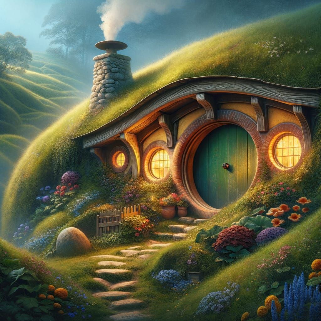 Hobbit Burrow in Hillside with Glowing Windows