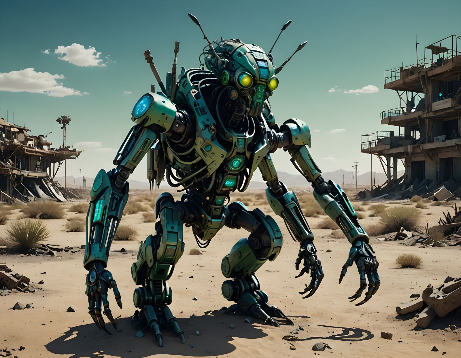 Cyberpunk Insectoid in Barren Desert Landscape