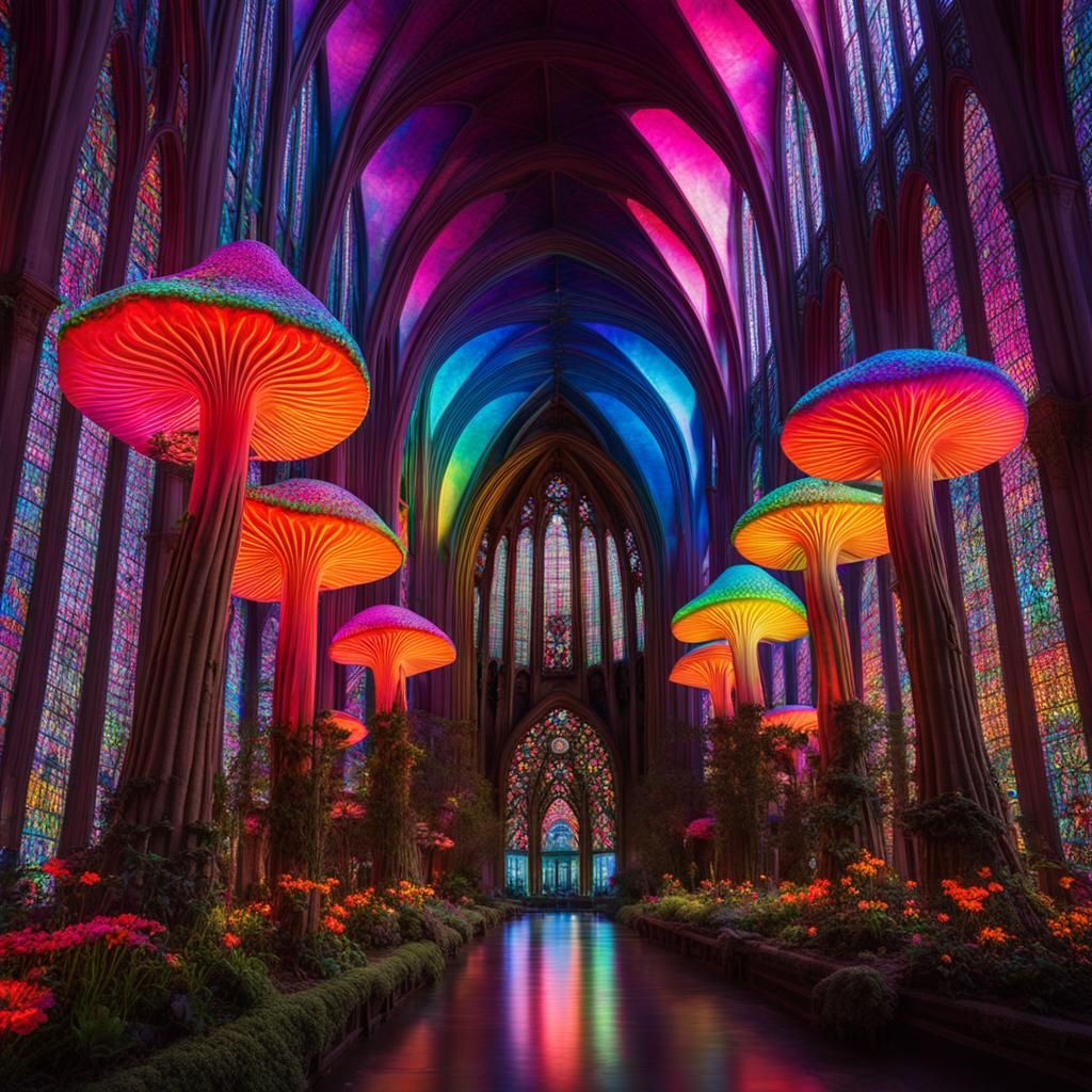 Psychedelic Mushroom Cathedral in Rainbow Neon Colors